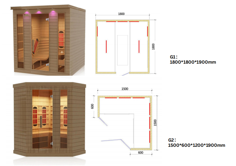 Infrared Sauna Room G Series layout and dimension reference