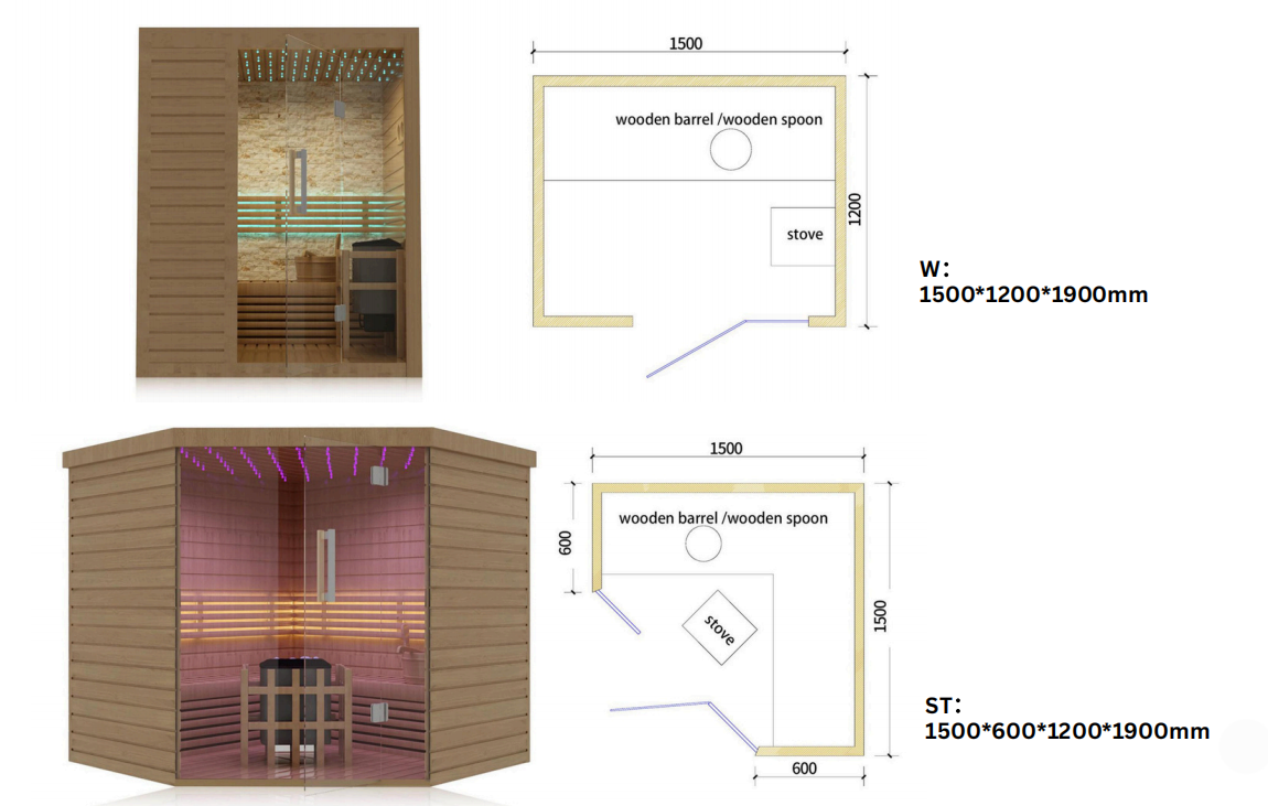 Traditional sauna room layout and dimension reference