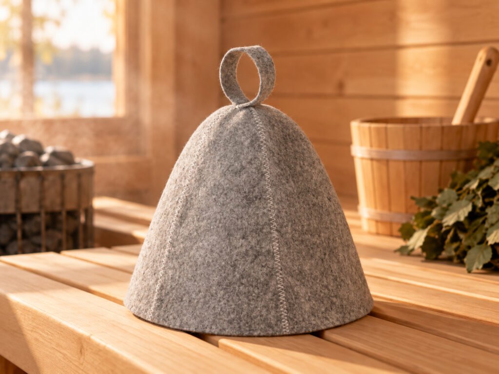 Wool sauna hat in a traditional wooden sauna