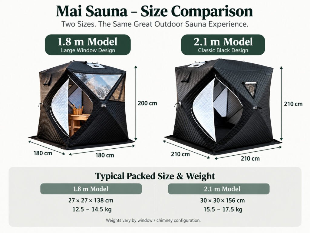 Portable sauna tent size comparison 1.8 meter and 2.1 meter models