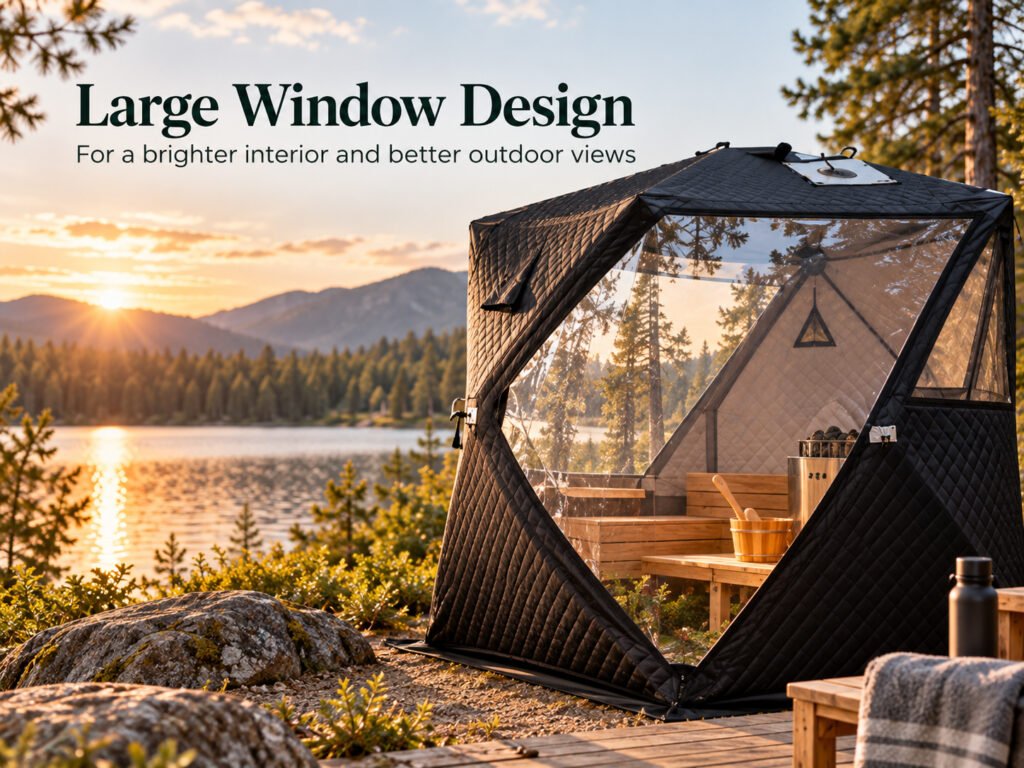 Portable outdoor sauna tent with large transparent window
