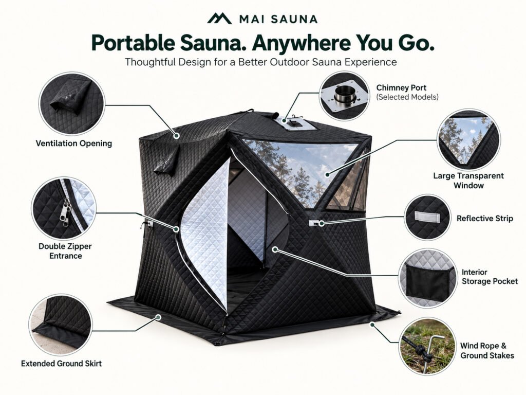 Portable sauna tent features including ventilation chimney port large window zipper and ground skirt
