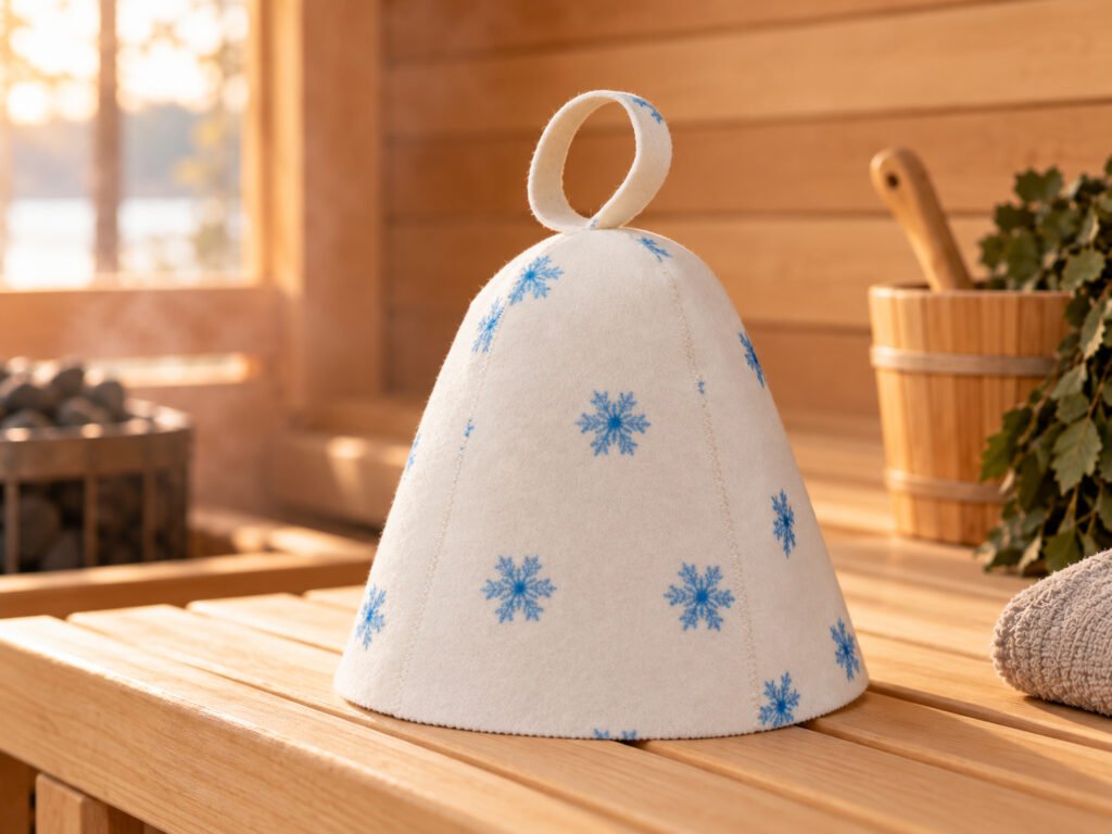 Polyester felt sauna hat with blue snowflake pattern