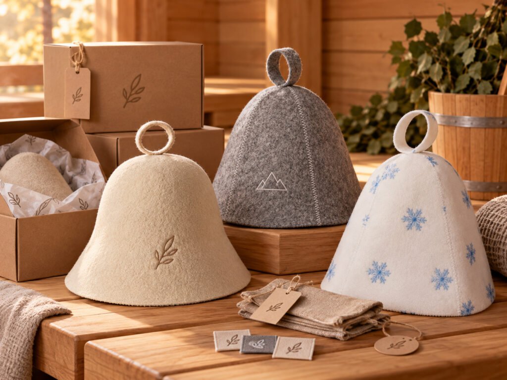 Wool and felt sauna hats for a sauna accessories wholesale collection