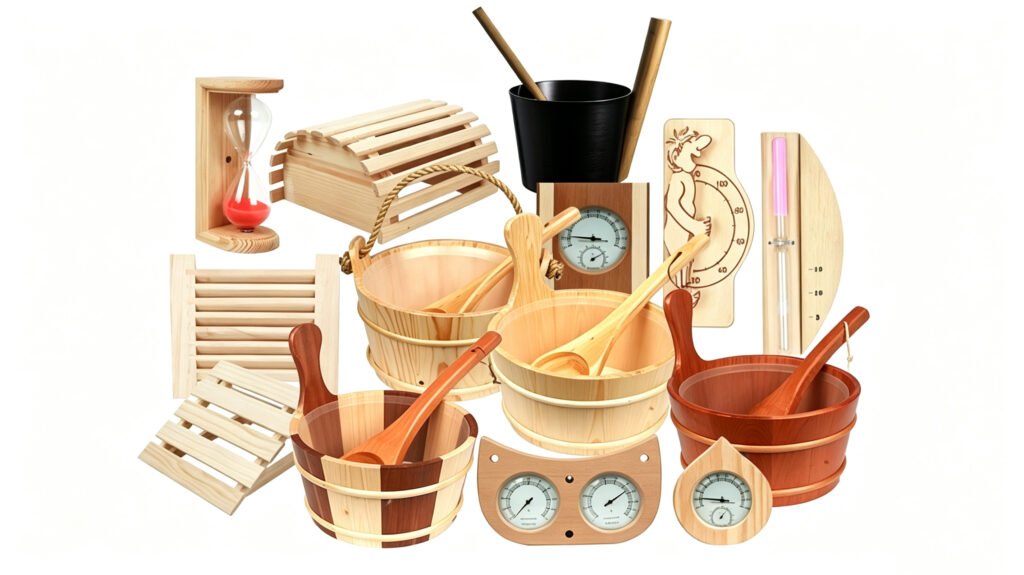 Sauna accessories wholesale collection with buckets, ladles, timers and thermo hygrometers